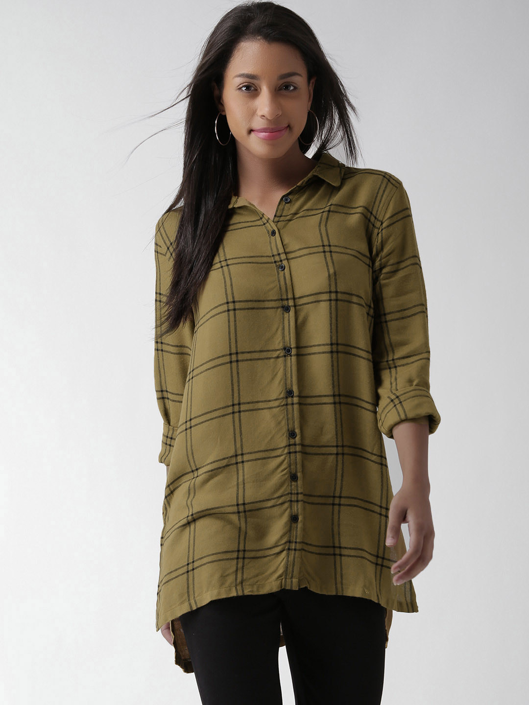 Buy New Look Olive Green Checked Longline Shirt Shirts for Women