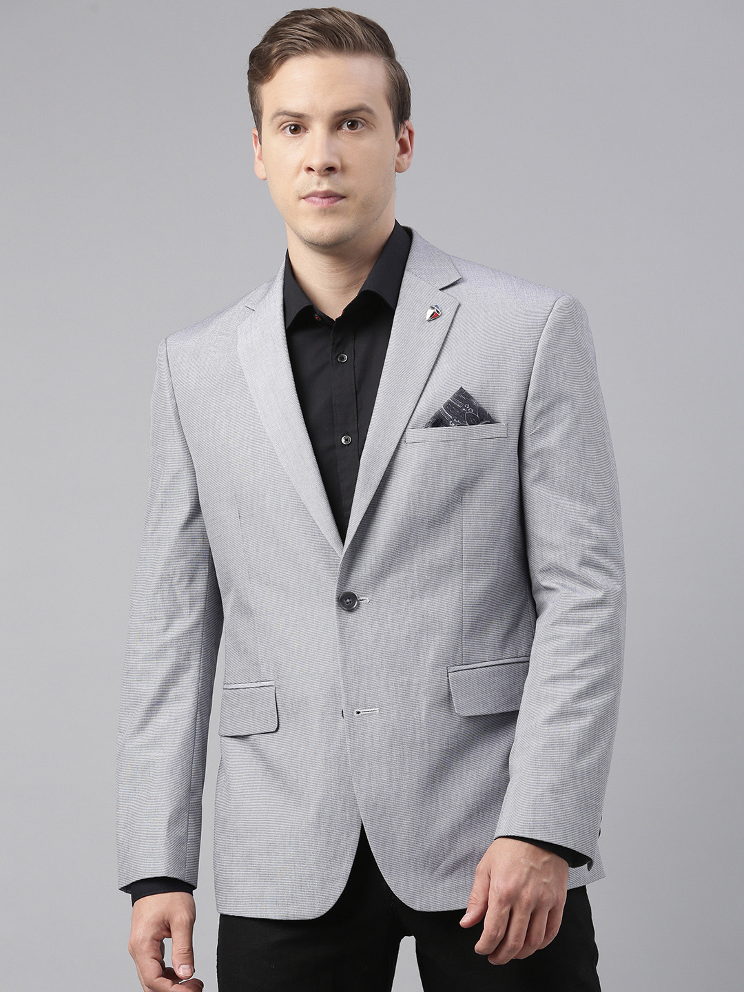 Buy Theme Men Grey Solid Slim Fit Single Breasted Casual Blazer