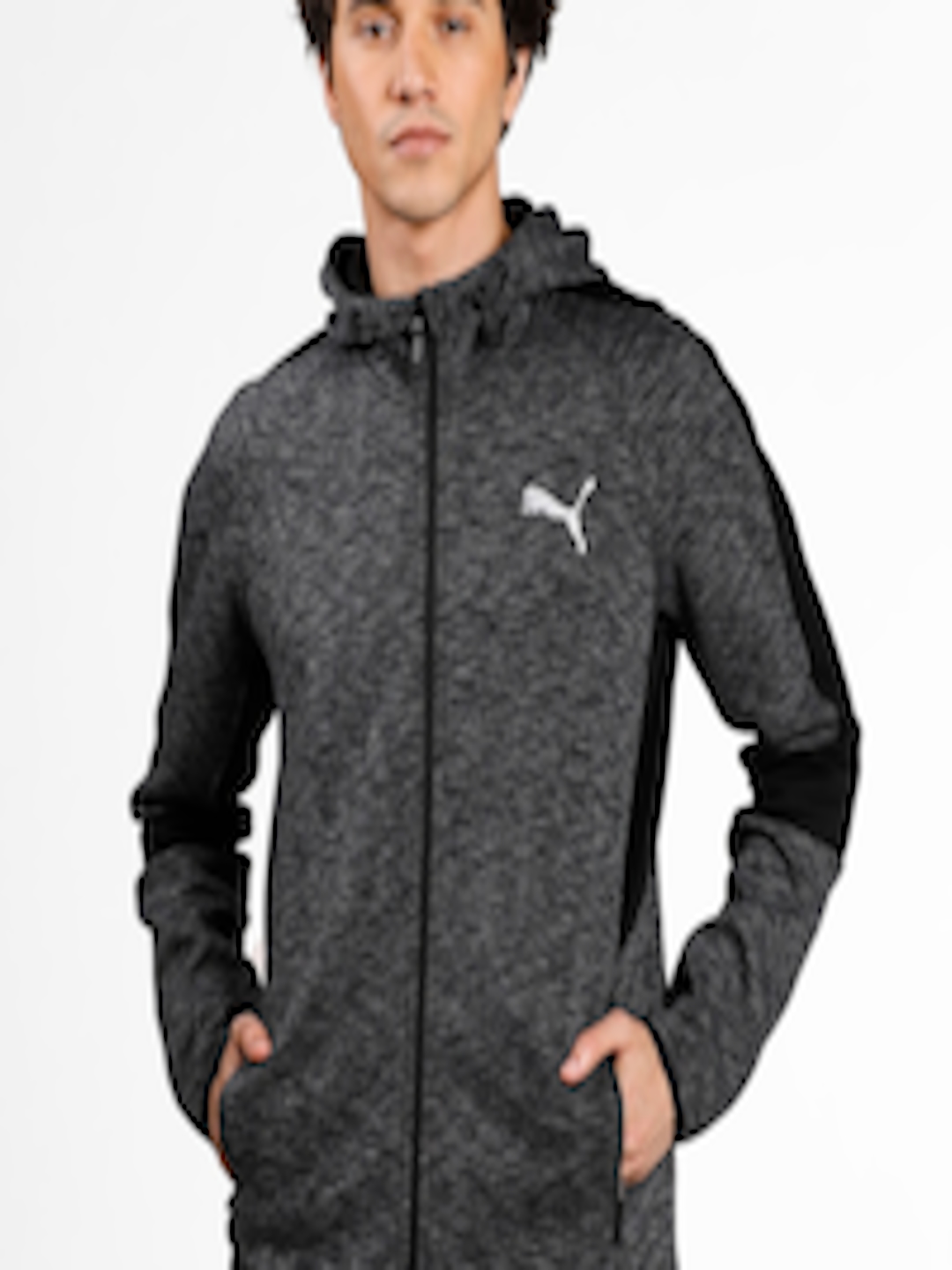 Buy Puma Men Charcoal Grey Melange EVOSTRIPE Full Zip Hooded Sweatshirt ...