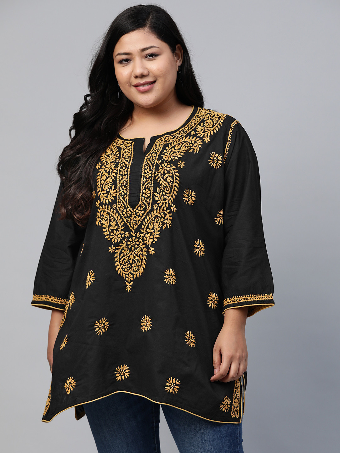 Buy ADA Women Plus Size Black Chikankari Embroidered Pure Cotton