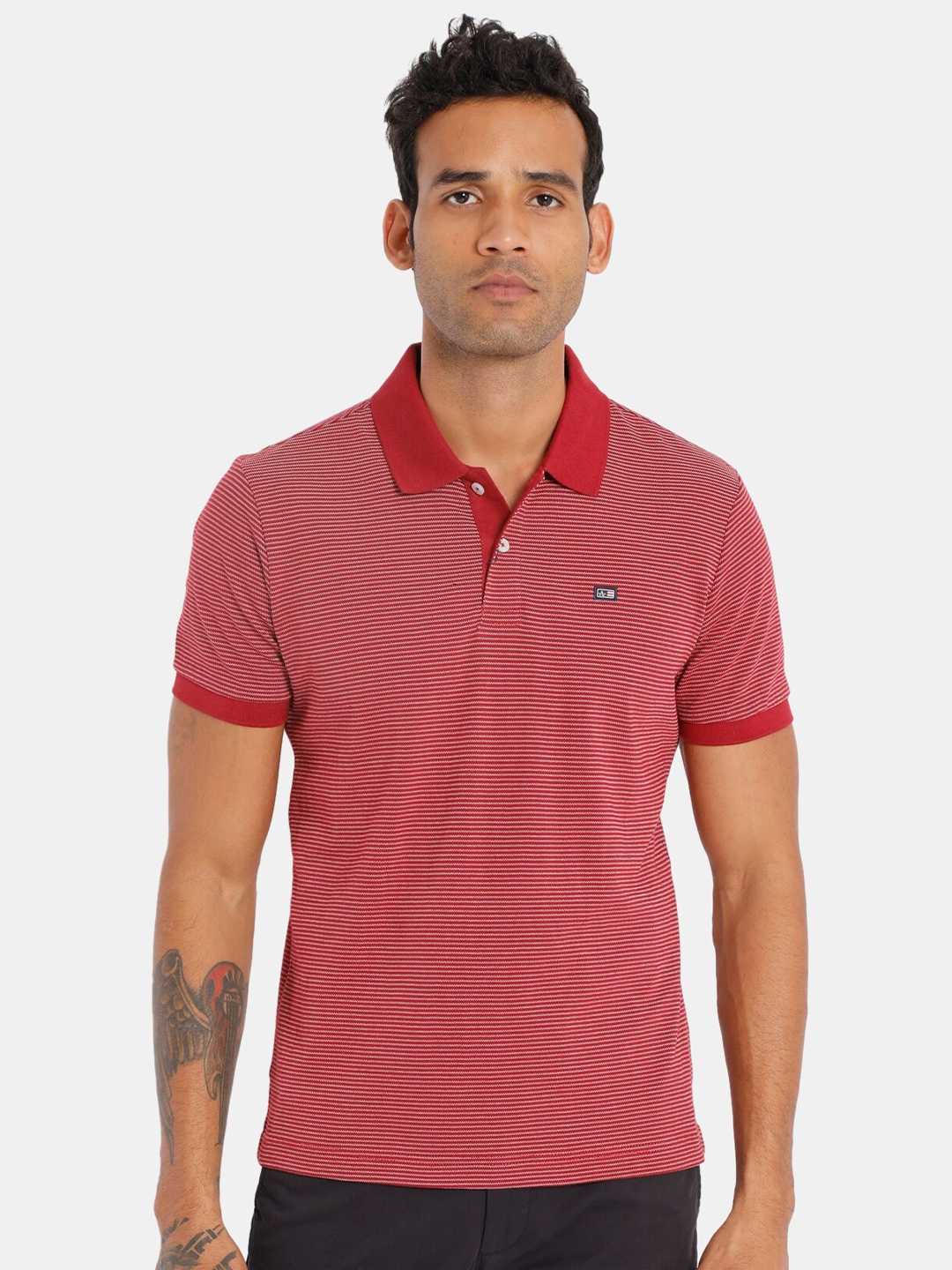 Buy Arrow Sport Men Red & White Pure Cotton Striped Polo Collar T Shirt ...
