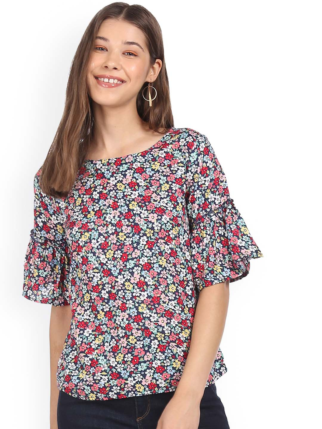 Buy Sugr Navy Blue Bell Sleeve Floral Print Top Tops for Women 14185442 Myntra