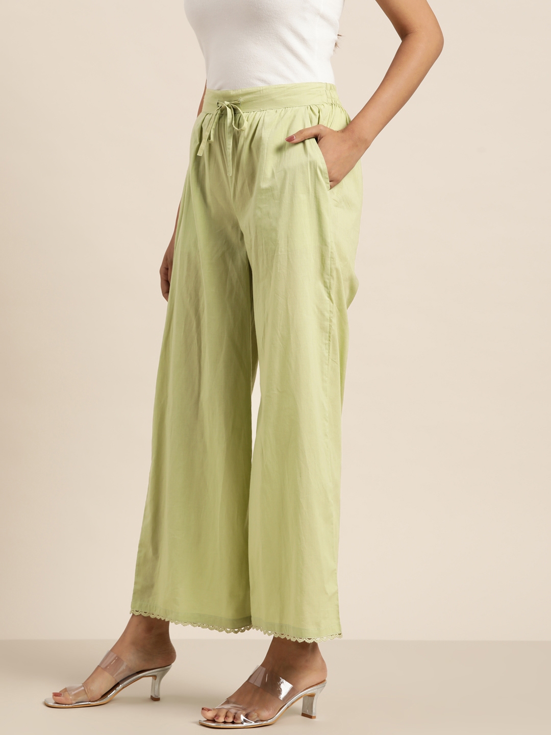 Buy Moda Rapido Women Green Pure Cotton Cropped Straight Palazzos ...
