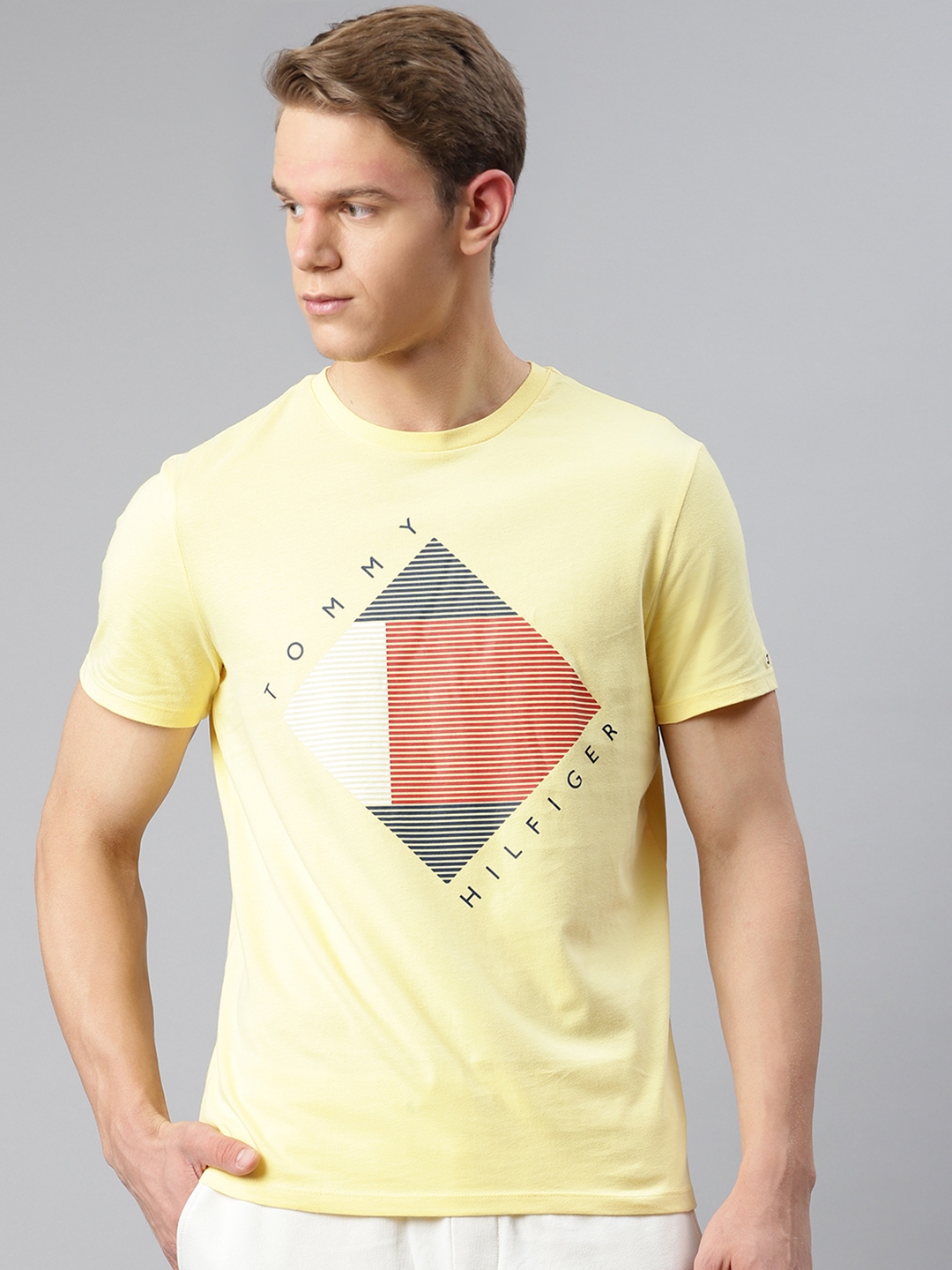 Buy Tommy Hilfiger Men Yellow Pure Cotton Printed Round Neck Pure ...