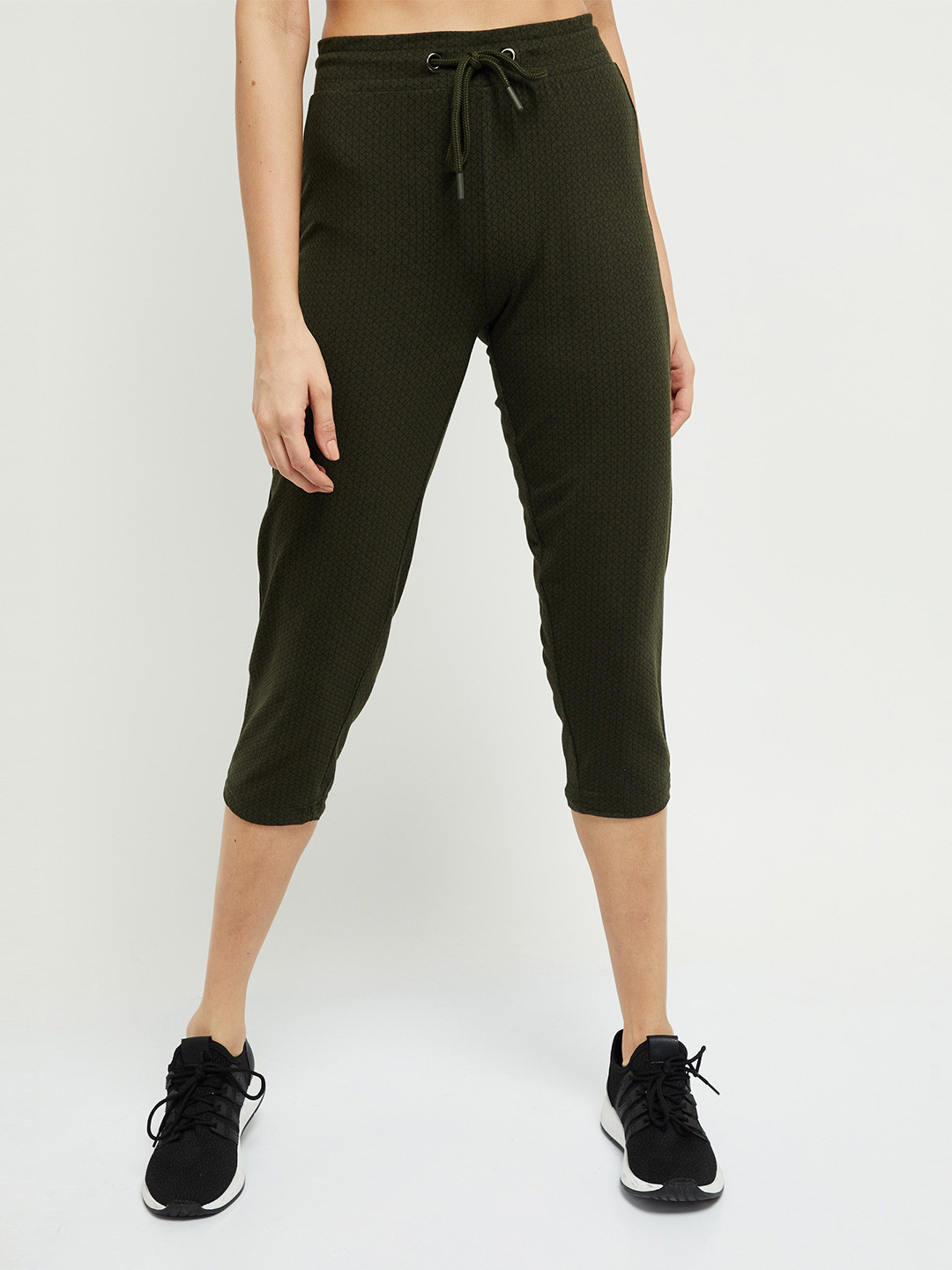 Buy Max Women Olive Green & Black Printed Cotton Capris Capris for