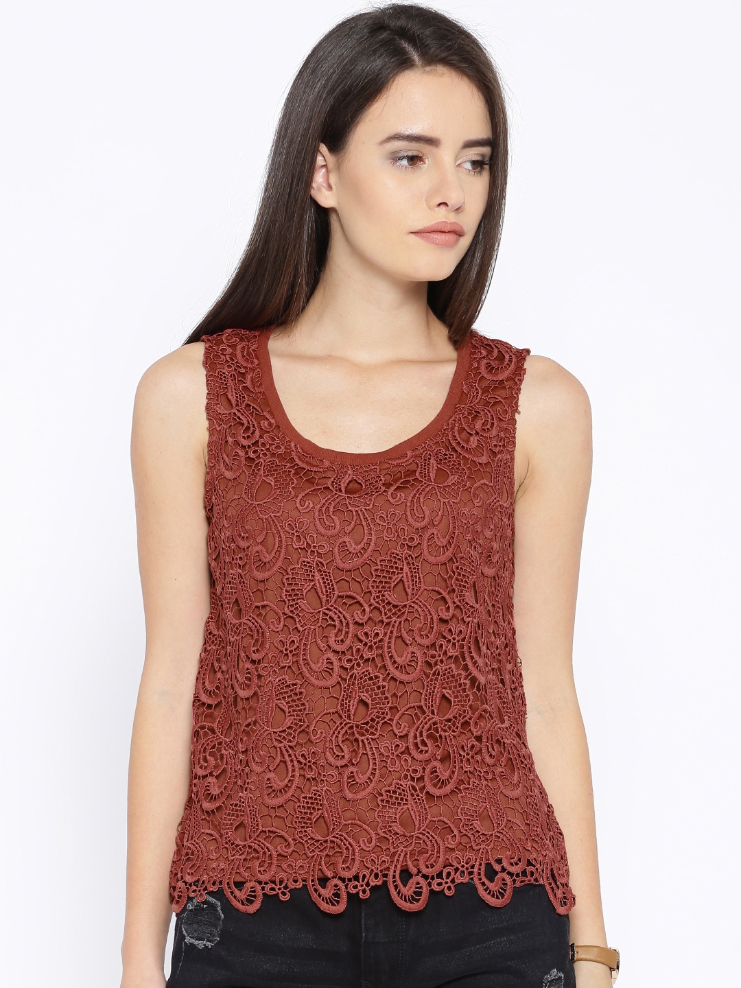 Buy ONLY Rust Red Sleeveless Crochet Top - Tops for Women 1420066 | Myntra
