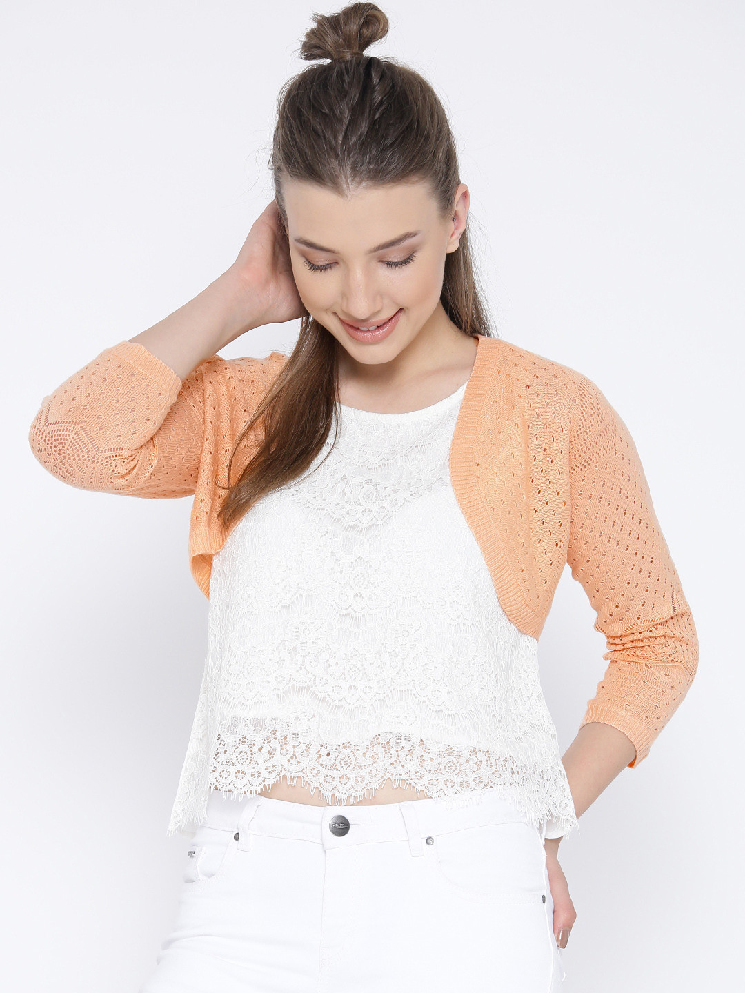 Buy ONLY Peach Coloured Crochet Shrug Shrug for Women 1420068 Myntra