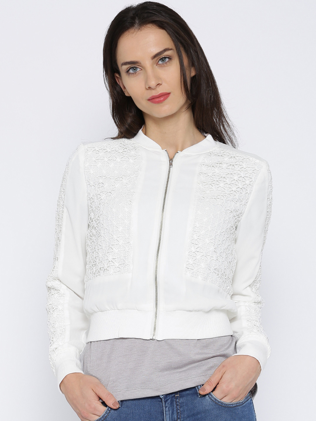 Buy ONLY White Crochet Bomber Jacket Jackets for Women 1420085 Myntra