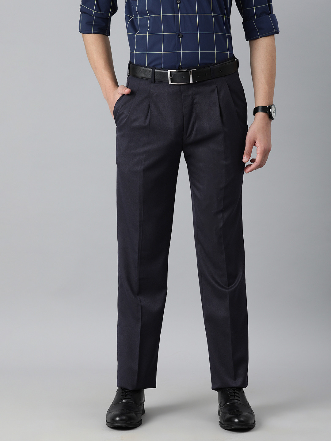 Buy Park Avenue Men Navy Blue Pleated Formal Trousers - Trousers for ...