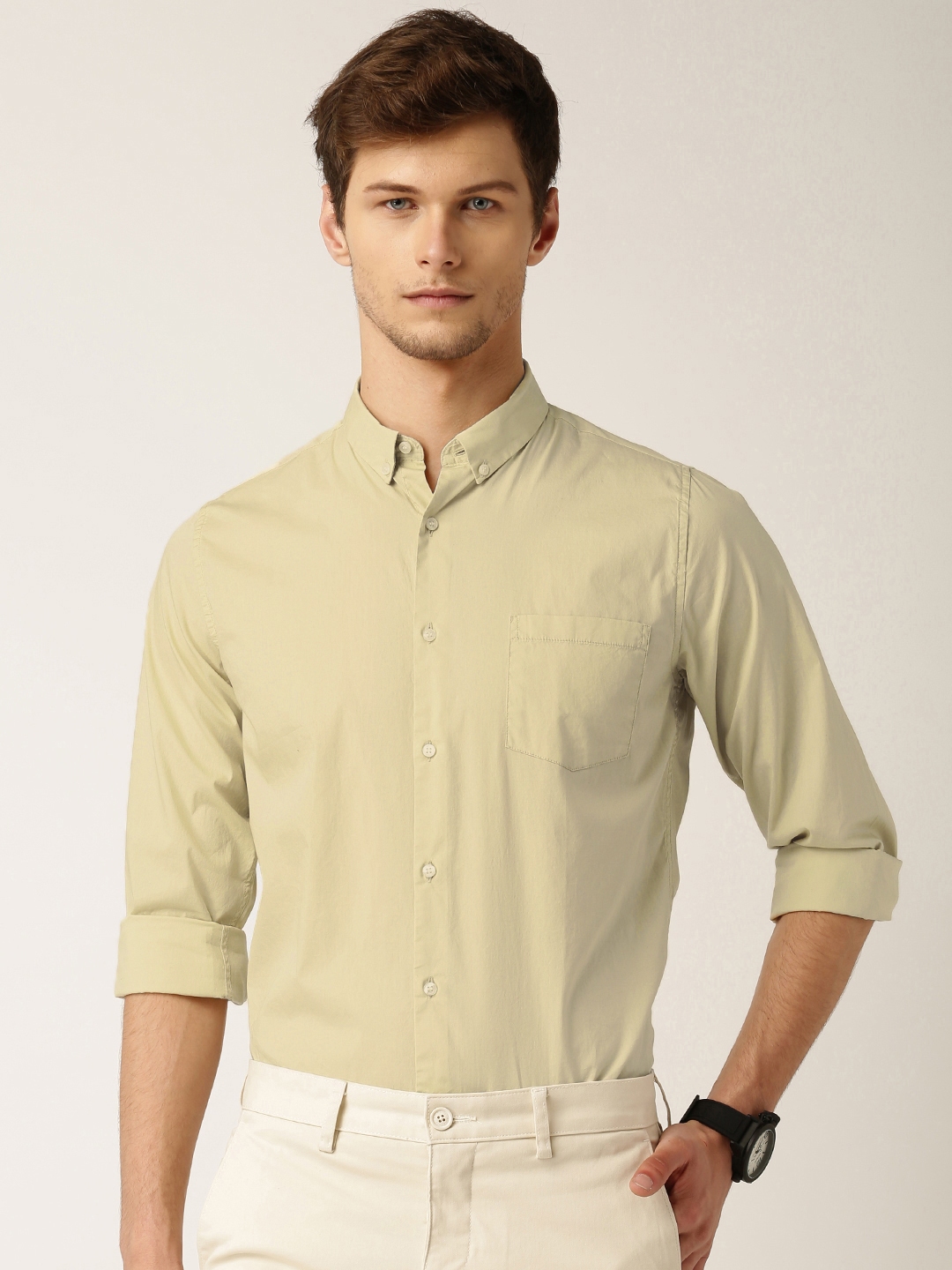 Buy ETHER Beige Cotton Stretch Slim Fit Antimicrobial Casual Shirt ...
