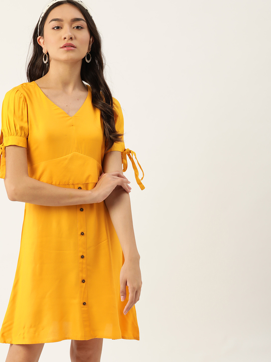 Buy DressBerry Mustard Yellow Solid Ecovero A Line Dress Dresses for