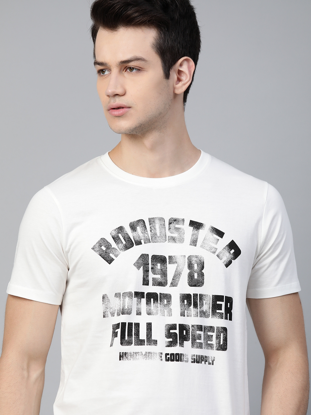 Buy Roadster Men White & Black Pure Cotton Brand Logo Printed T Shirt ...