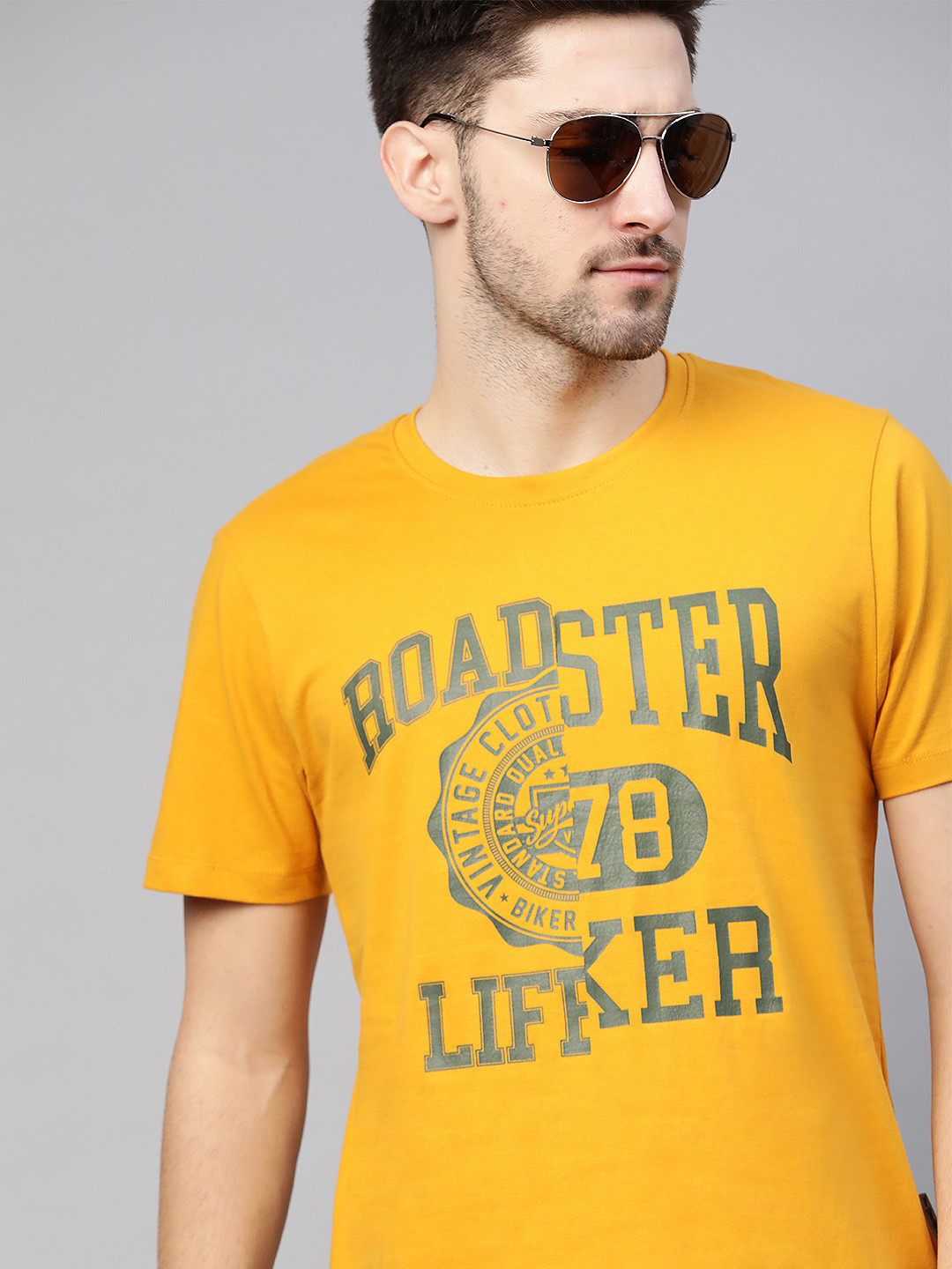 Buy Roadster Men Mustard Yellow & Grey Pure Cotton Printed T Shirt