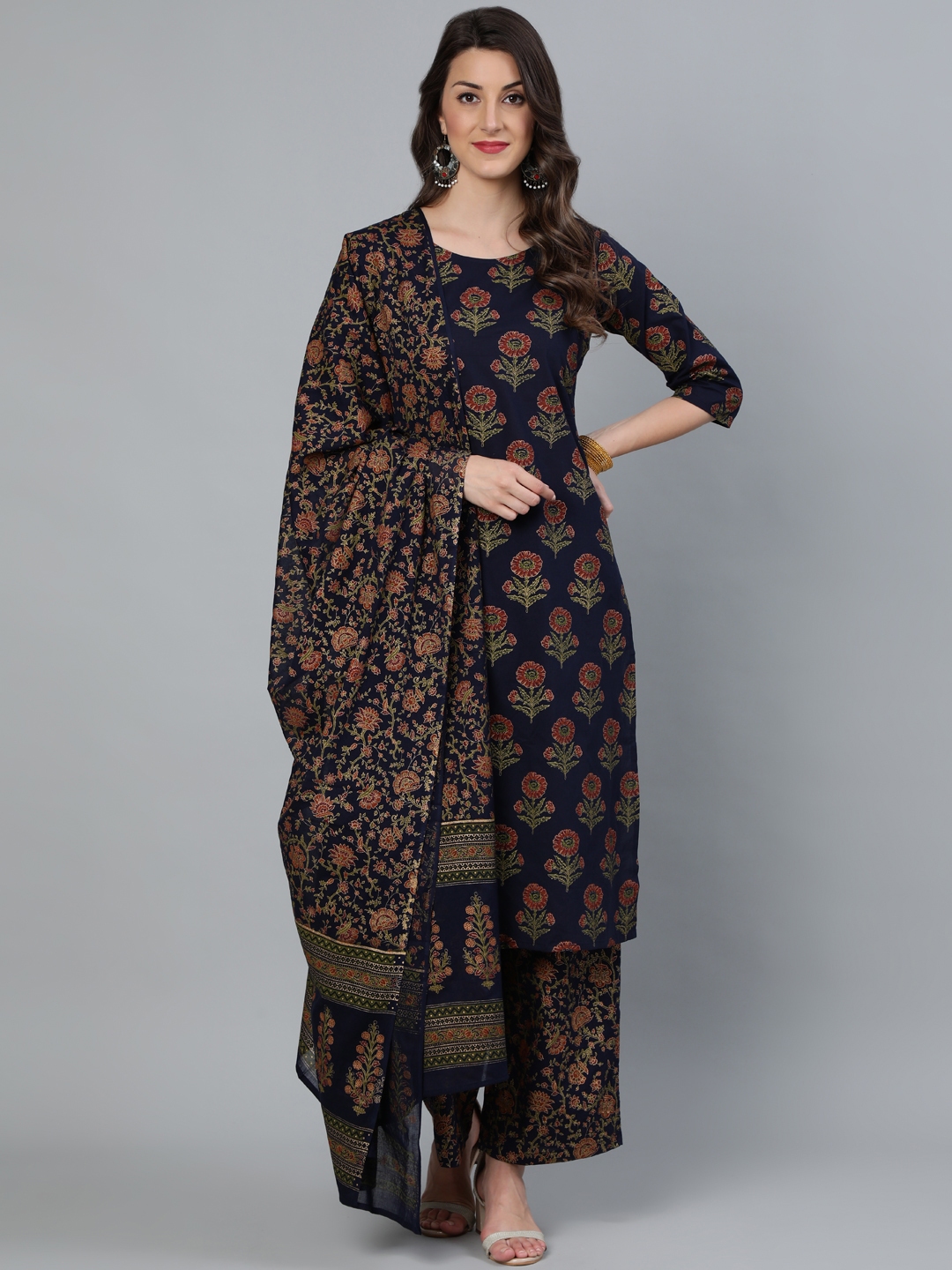 Buy Nayo Women Blue Floral Pure Cotton Kurta With Trousers & With ...