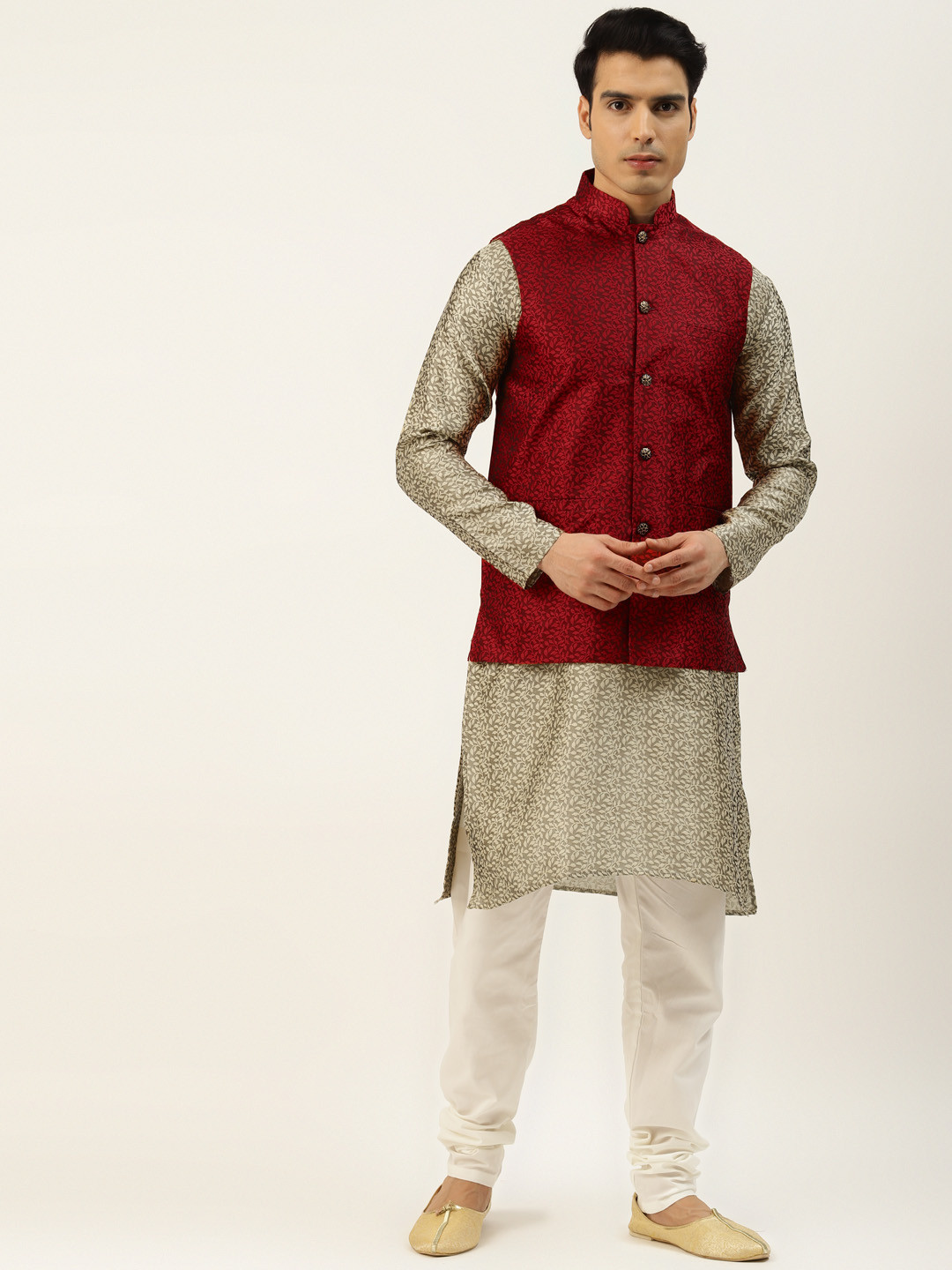 Men's Solid Nehru Jacket with White Kurta & Churidar