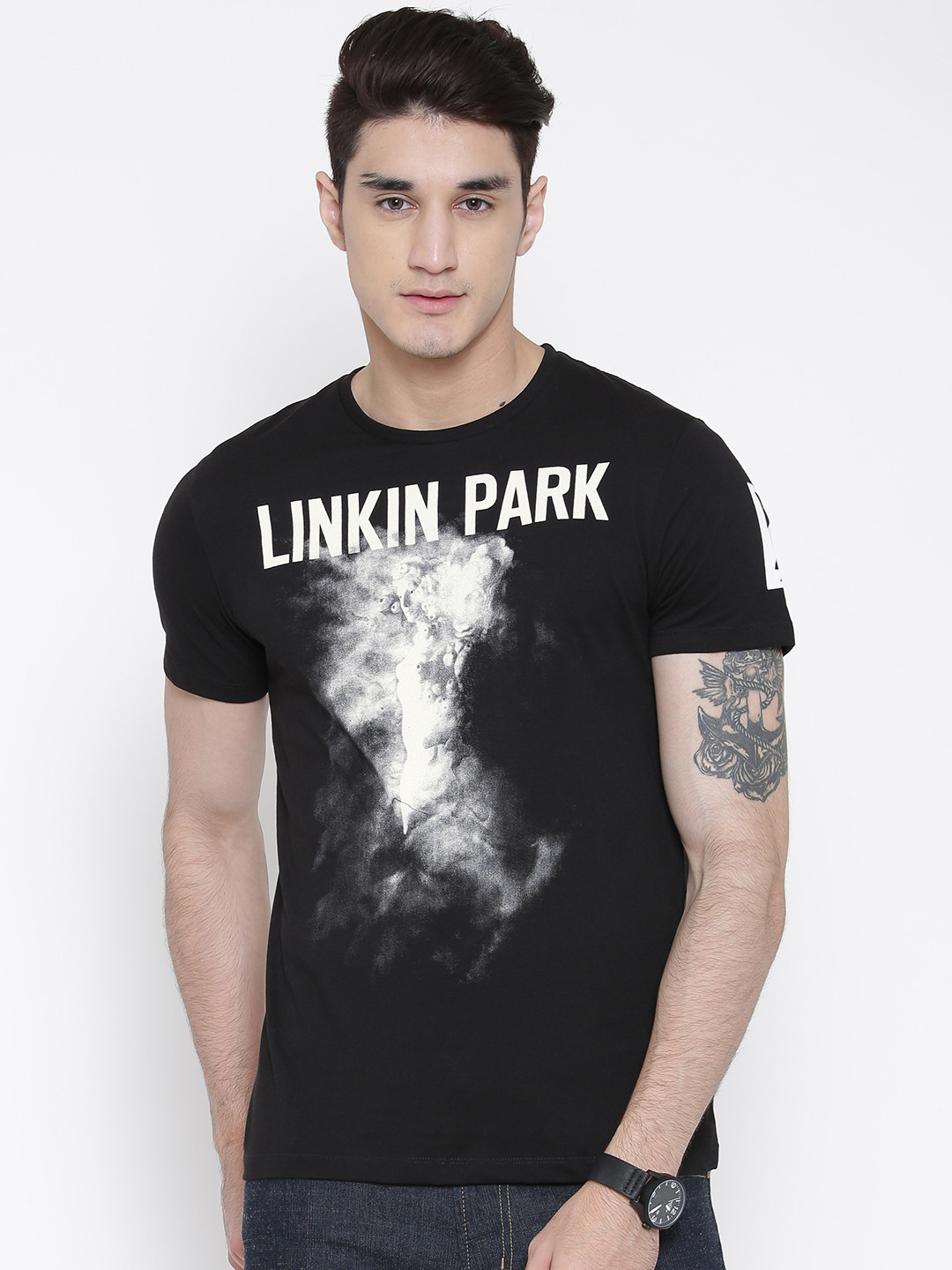 Buy Free Authority Men Black Linkin Park Printed Pure Cotton T Shirt