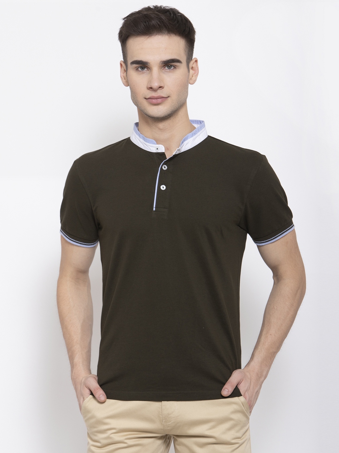 Buy Style Quotient Men Olive Green Solid Mandarin Collar T Shirt ...
