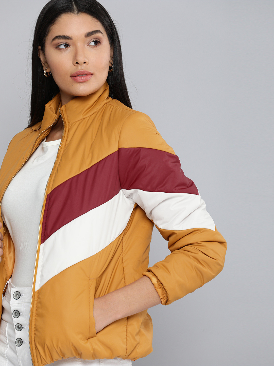 Buy Chemistry Women Mustard Colourblocked Mock Collar Regular Puffer Jacket - Jackets for Women 