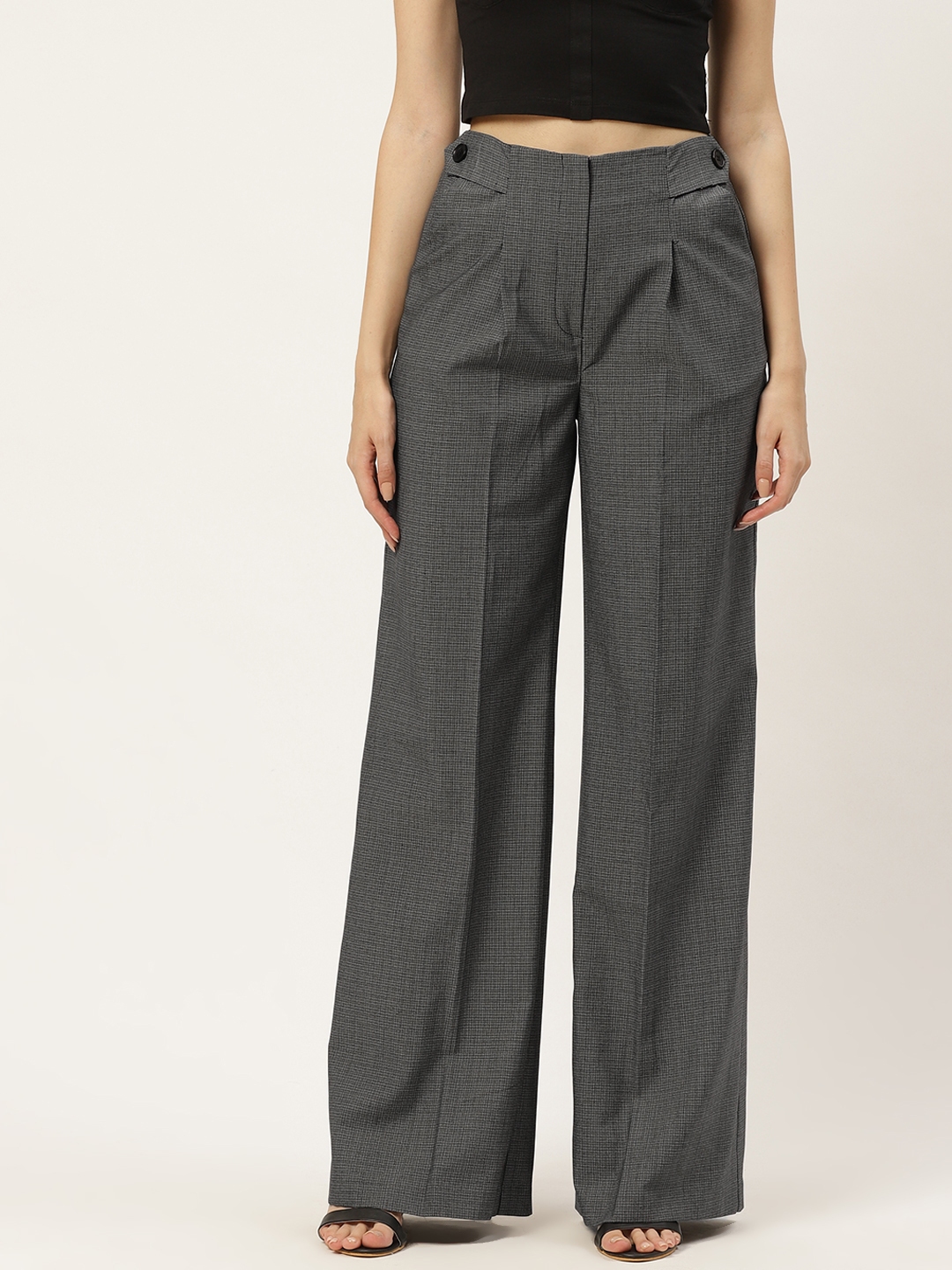 Buy Trendyol Women Charcoal Grey Checked Pleated Parallel Trousers ...