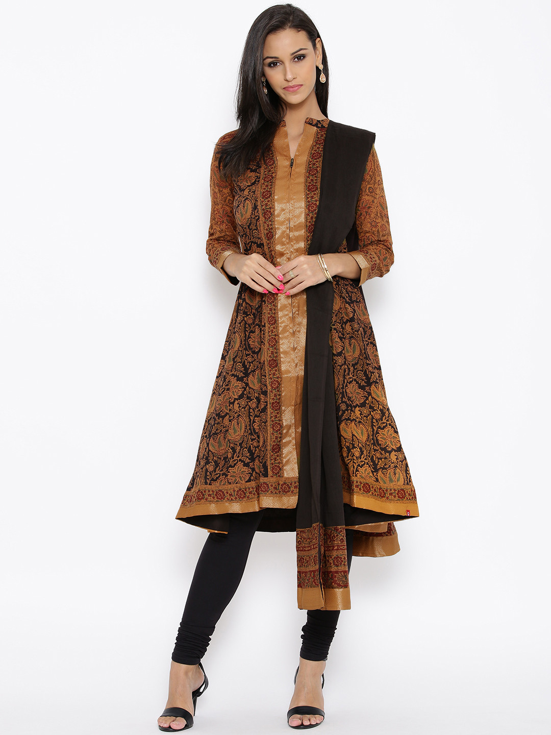 Buy BIBA Mustard Yellow & Black Printed Anarkali Churidar Kurta With