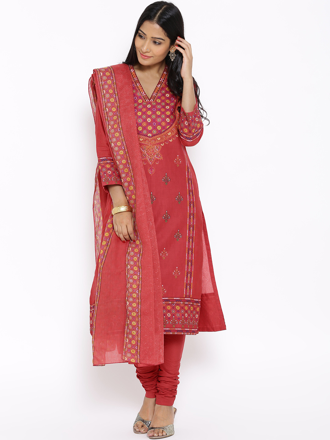 Buy Biba Red Printed Churidar Kurta With Dupatta Kurta Sets for Women