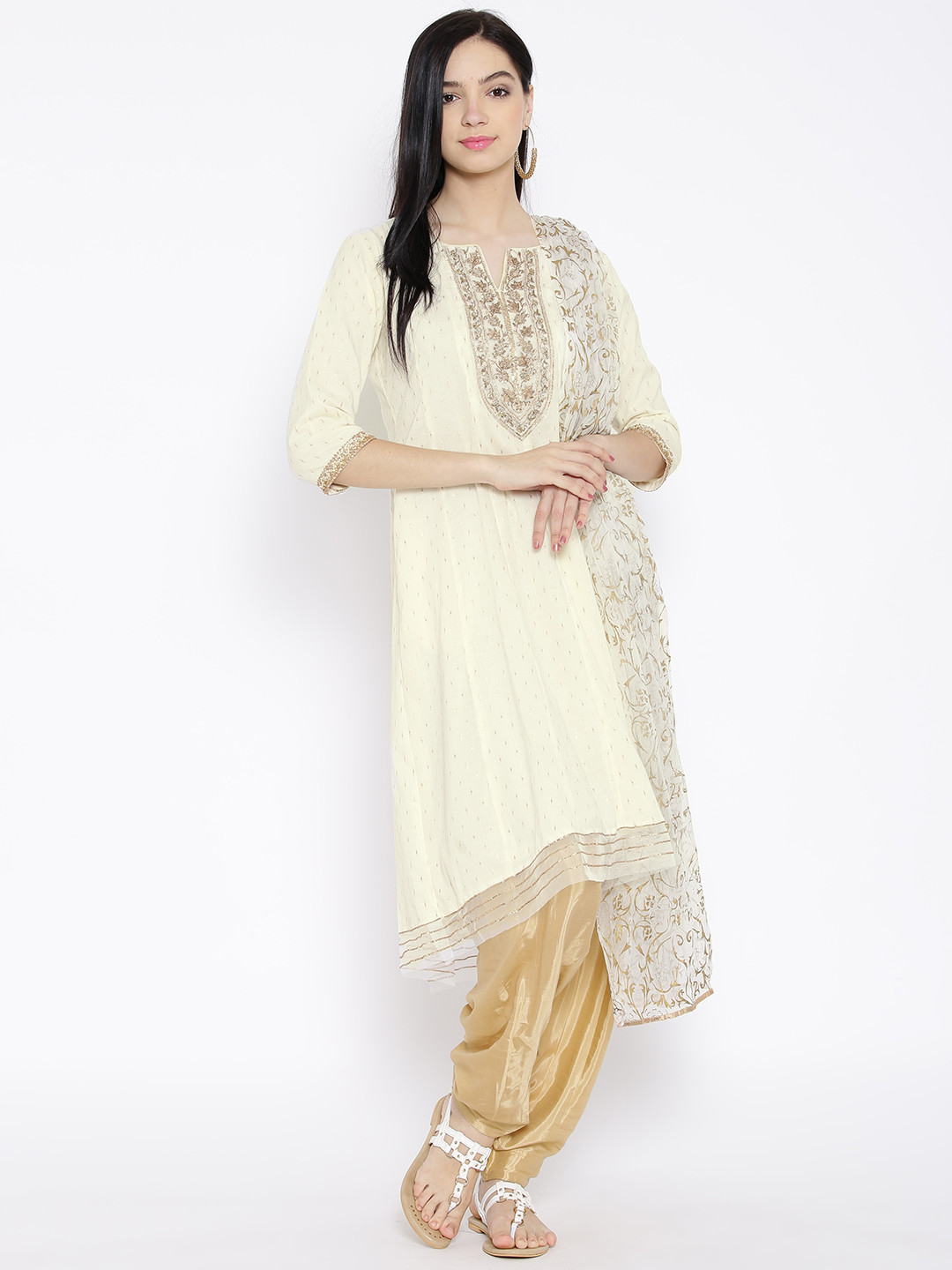 Buy BIBA Off White & Beige Zari Embroidered Anarkali Salwar Suit