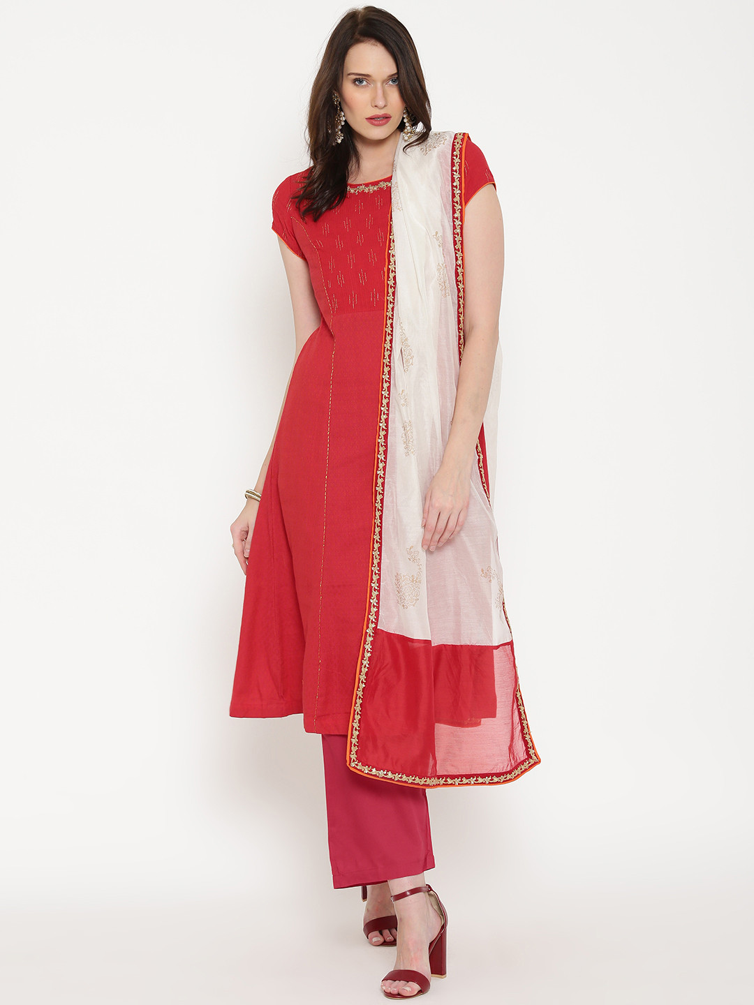 Buy Biba Red A Line Kurta With Palazzos & Dupatta Kurta Sets for