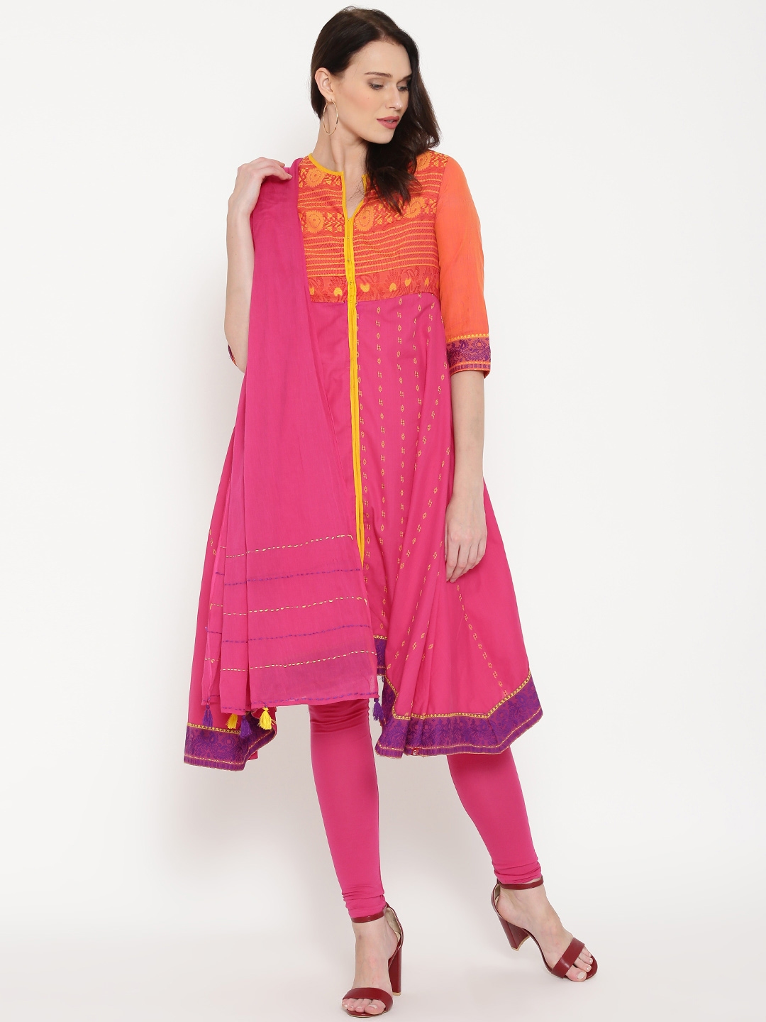 Buy Biba Pink & Orange Woven Design Anarkali Churidar Kurta With ...