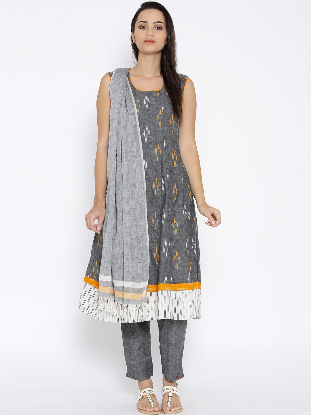 Buy BIBA Women Charcoal Grey & Yellow Ikat Printed A Line Kurta With