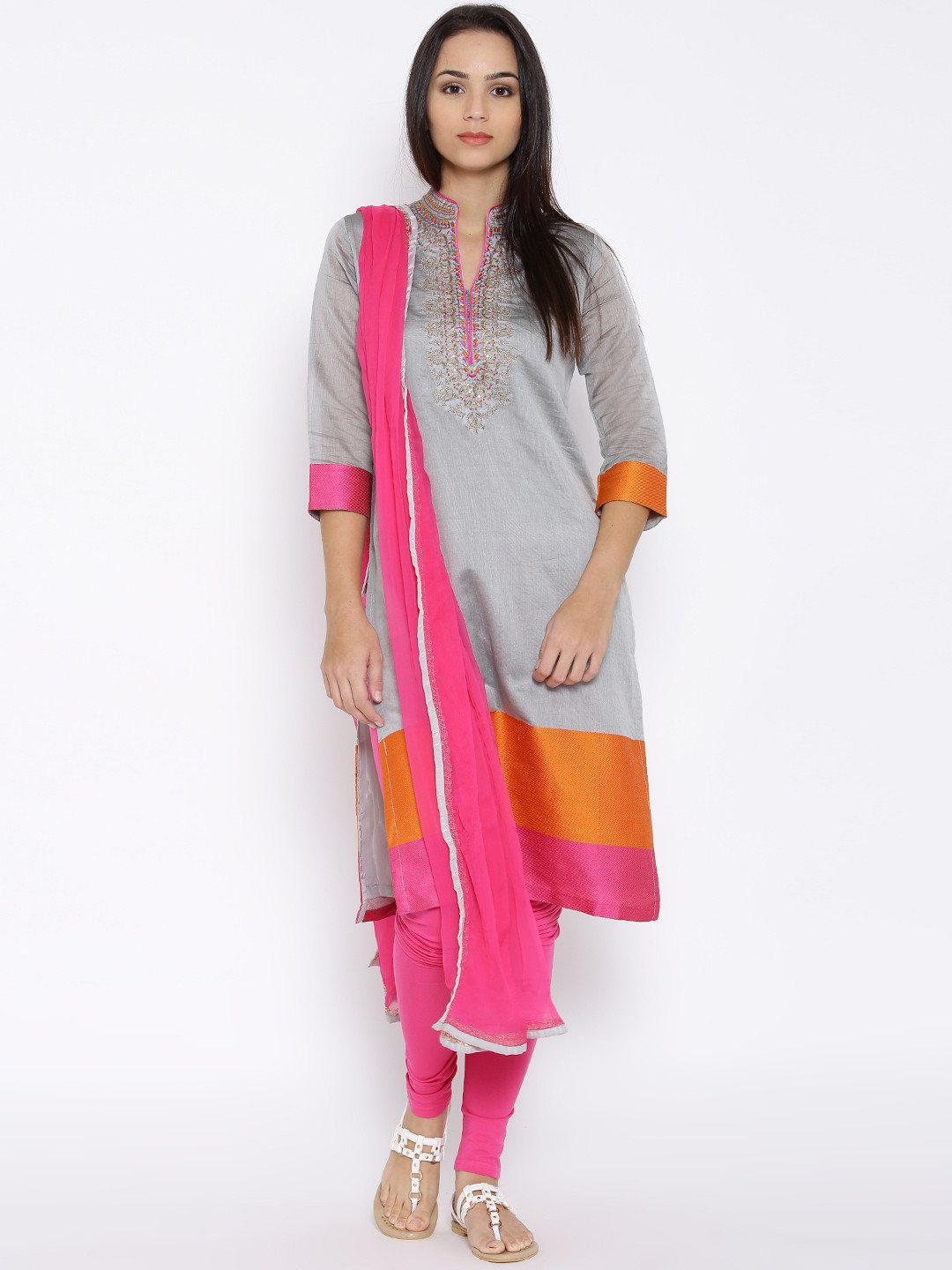Buy BIBA Grey & Pink Embroidered Churidar Kurta With Dupatta Kurta