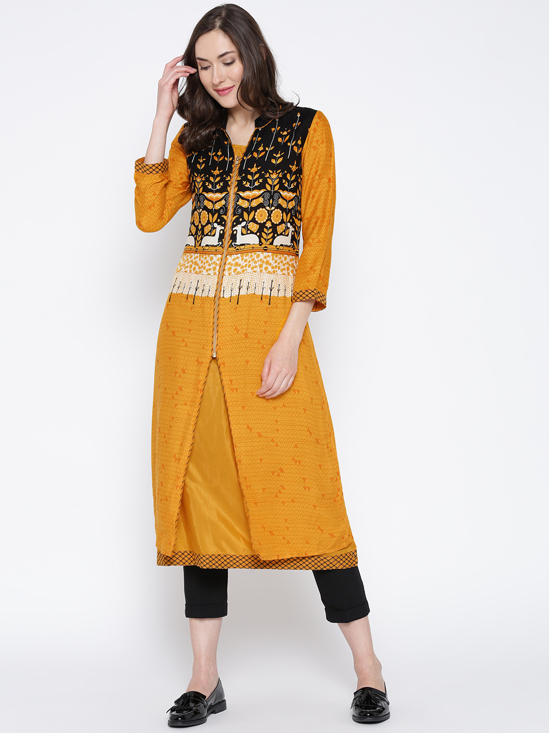 Buy BIBA Women Mustard Yellow And Black Printed A Line Kurta Kurtas