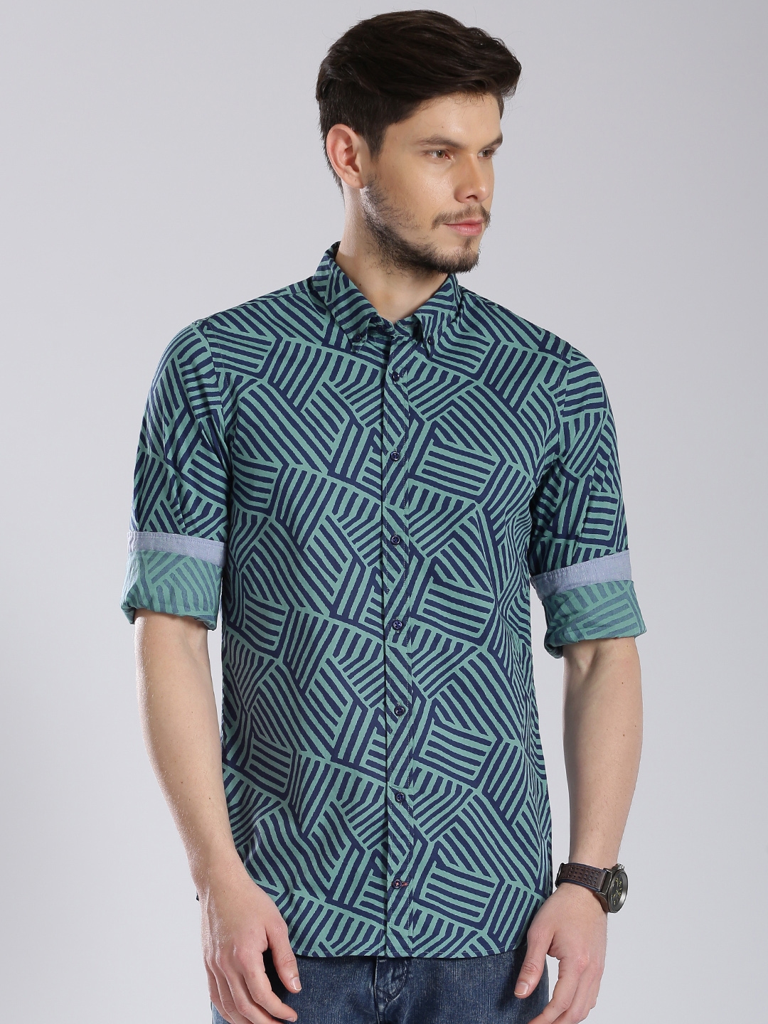 Buy Tommy Hilfiger Teal Green & Navy Printed Slim Fit Casual Shirt ...