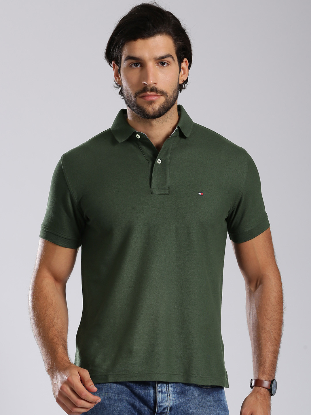 Buy Tommy Hilfiger Olive Green Slim Fit Polo Pure Cotton T Shirt - Tshirts for Men 1425766 | Myntra
