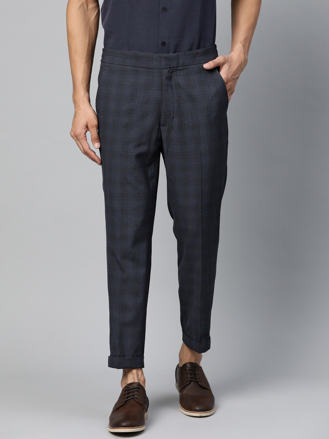 Buy Marks & Spencer Men Navy Blue Checked Slim Fit Smart Casual