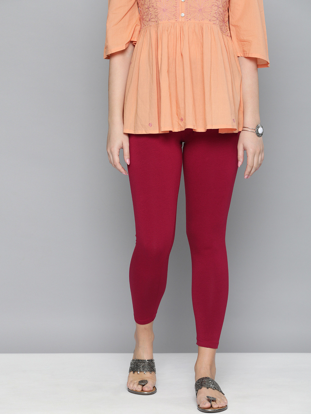 Elleven Women's Maroon Solid Ankle-Length Cotton Leggings