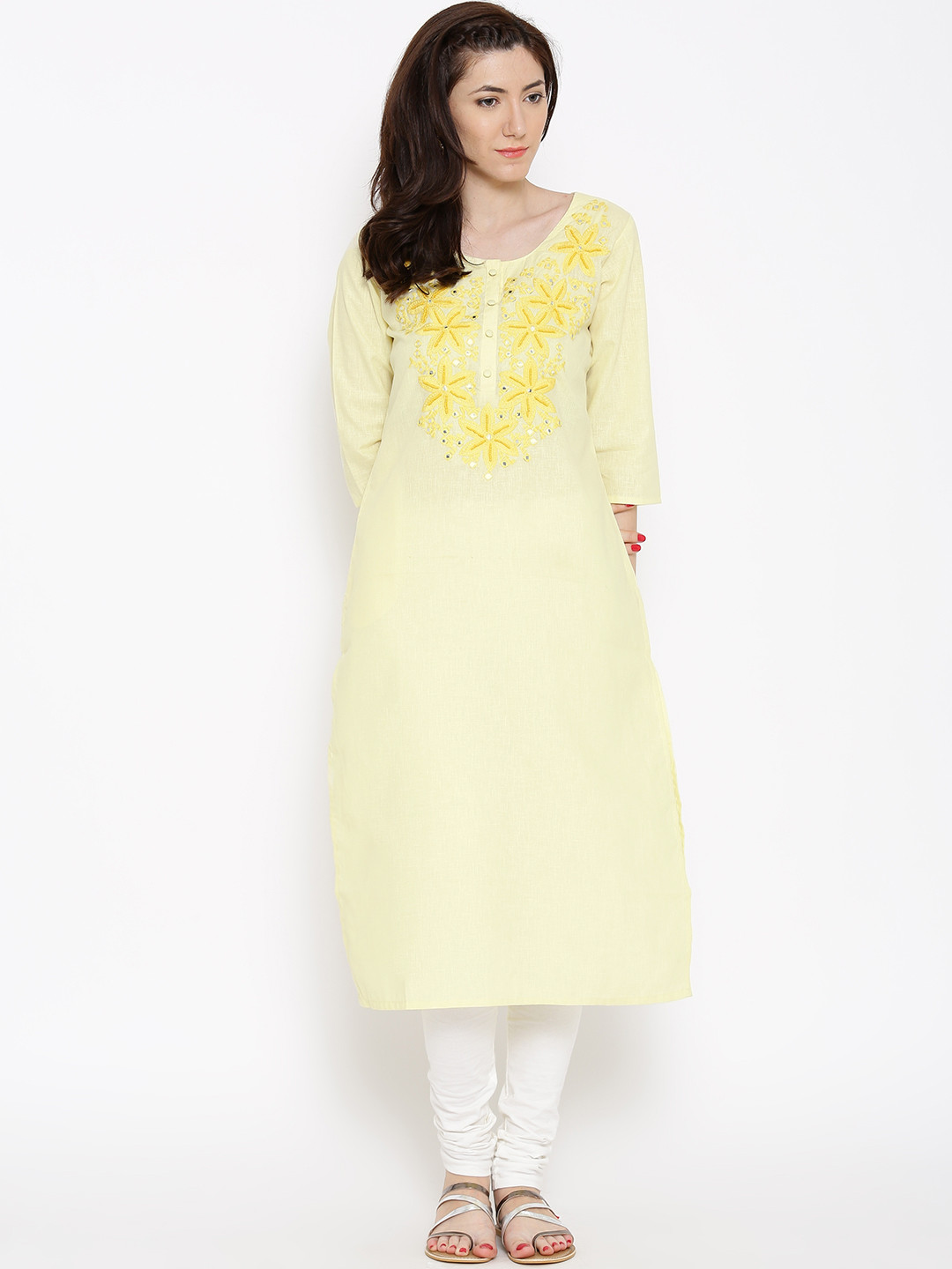 Buy Shree Cream Coloured Floral Embroidered Kurta Kurtas for Women