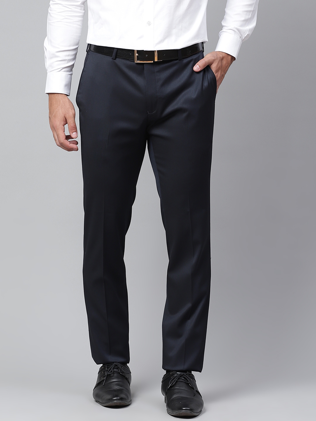 Buy Raymond Men Navy Blue Slim Fit Regular Trousers - Trousers for Men ...