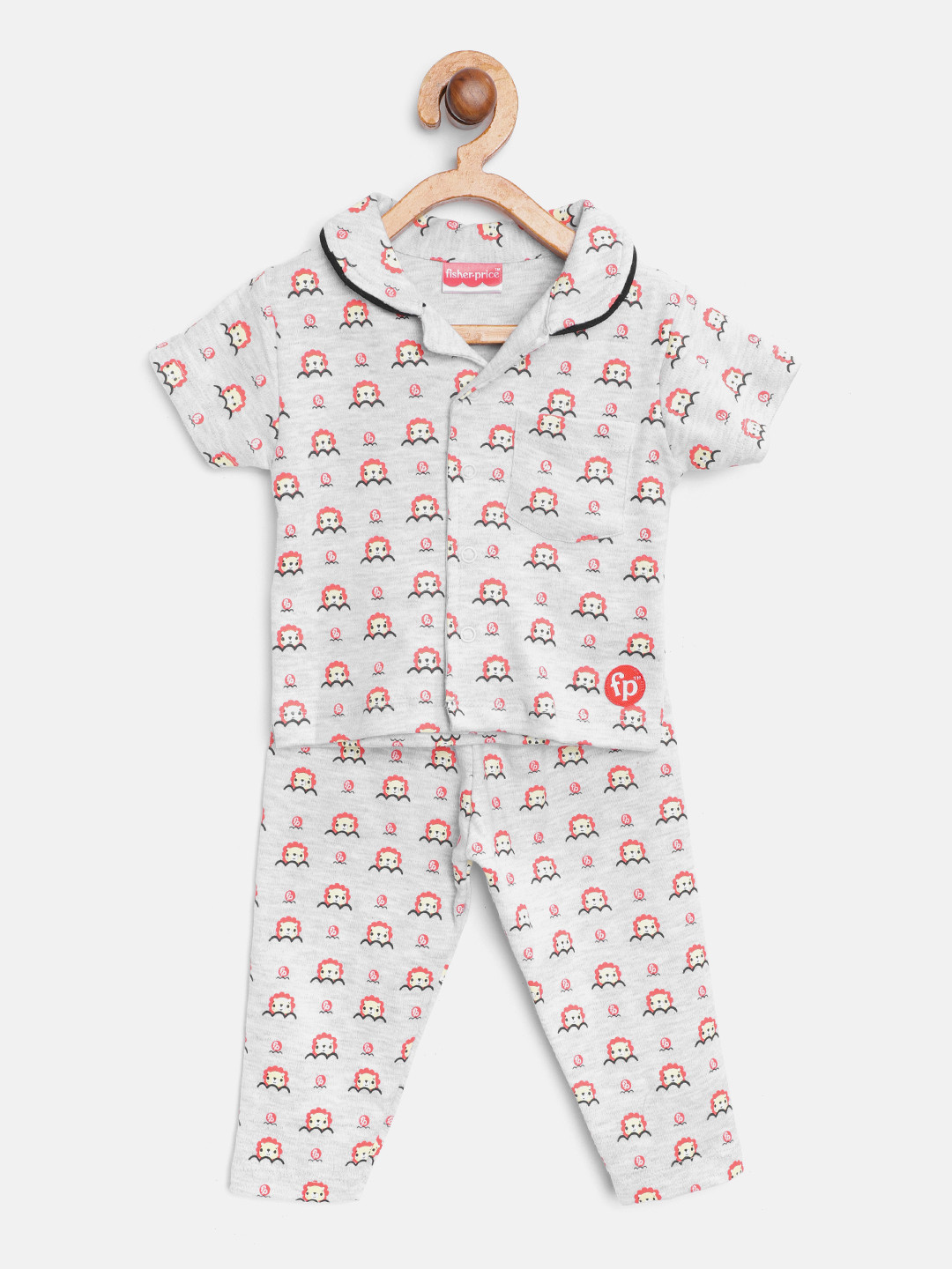 Buy Fisher Price X Moms Love Infant Boys Grey Melange & Red Pure Cotton Lion Print Night Suit