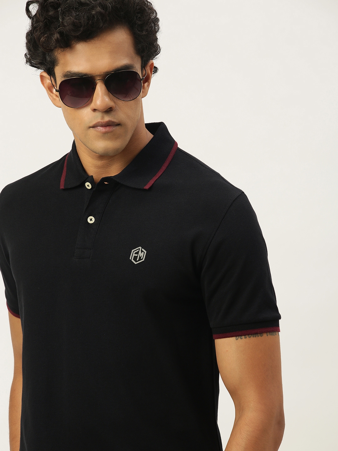 Buy Flying Machine Men Black Solid Polo Collar Pure Cotton T Shirt ...