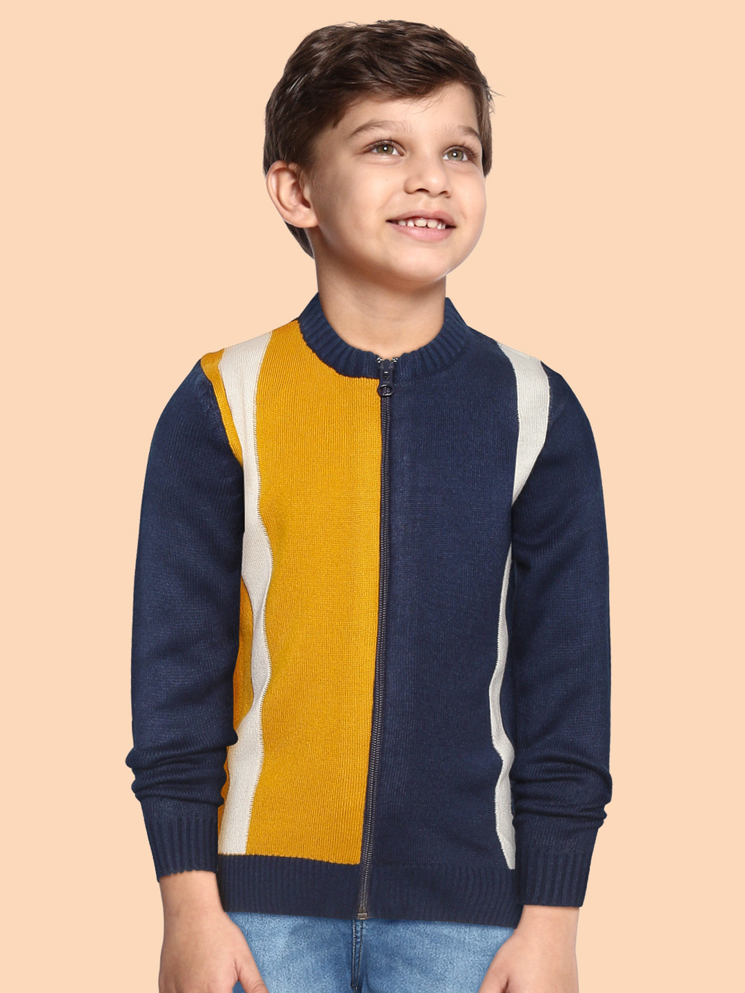 Buy YK Boys Mustard Yellow & Navy Blue Striped Cardigan Sweaters for