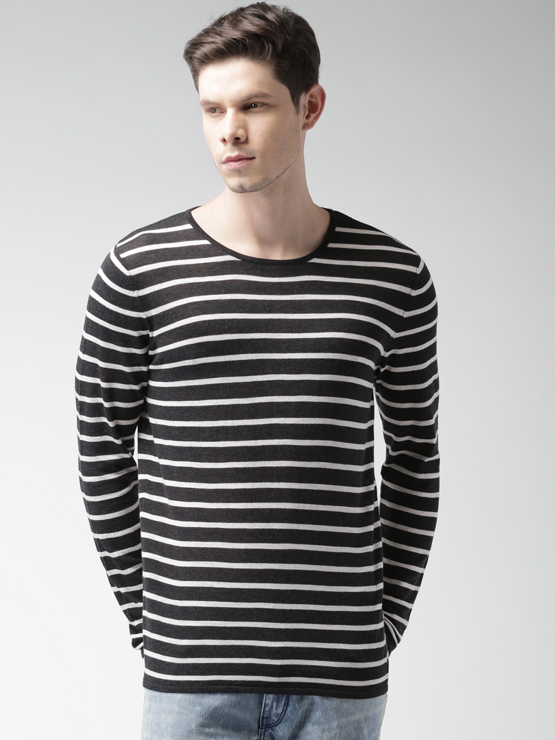 Buy SELECTED Black White Striped Pure Cotton T Shirt - Tshirts for Men