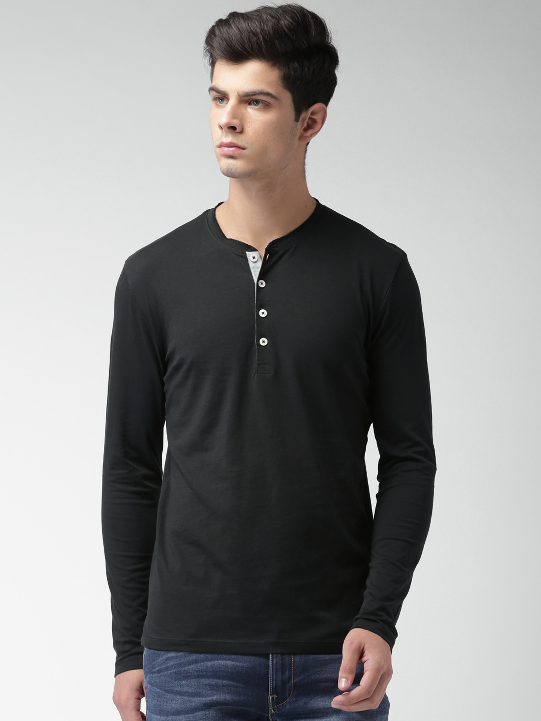 Buy SELECTED Black Henley Pure Cotton T Shirt Tshirts for Men 1428933