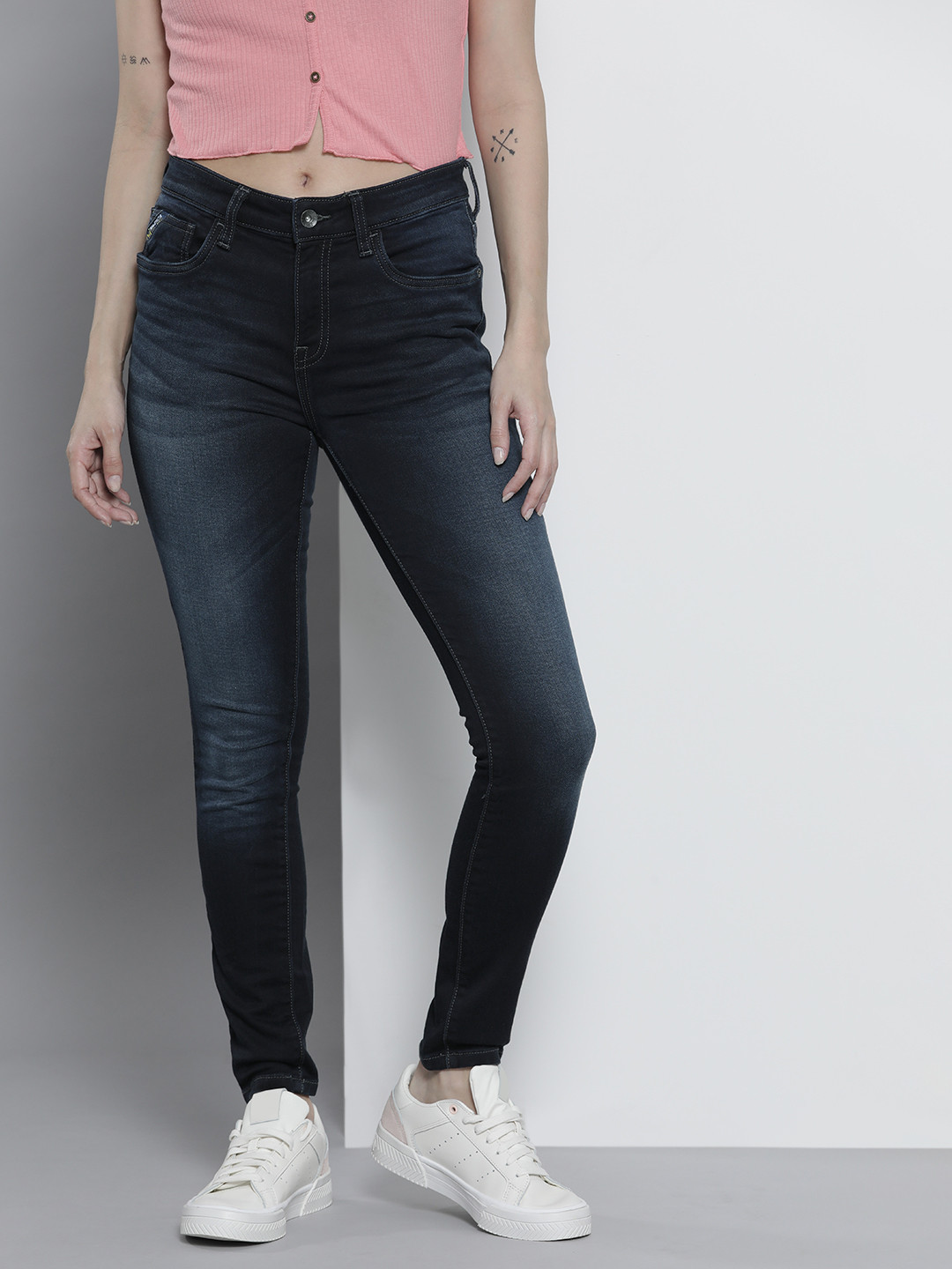 Buy Nautica Women Navy Blue Skinny Fit Heavy Fade Stretchable Jeans