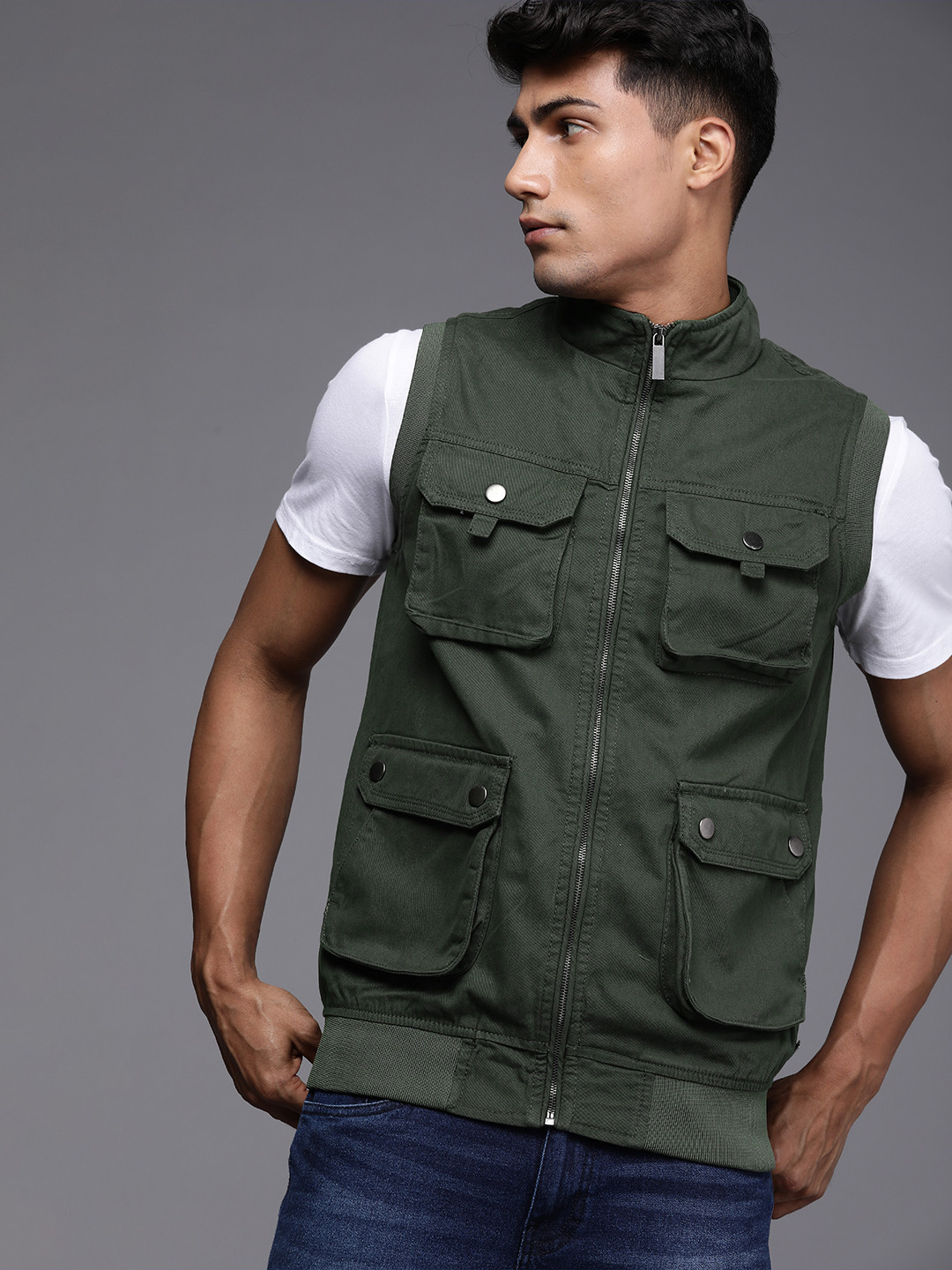 Buy WROGN Men Olive Green Solid Pure Cotton Bomber Jacket Jackets for