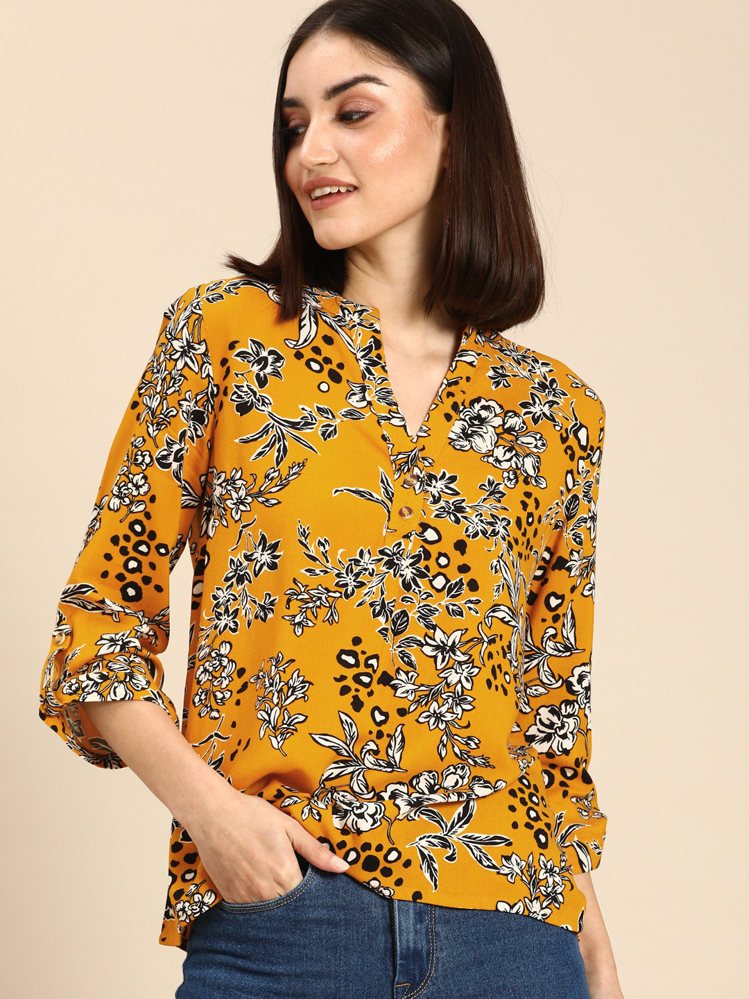 Buy All About You Mustard Yellow & Black Floral Printed V Neck Regular Top Tops for Women
