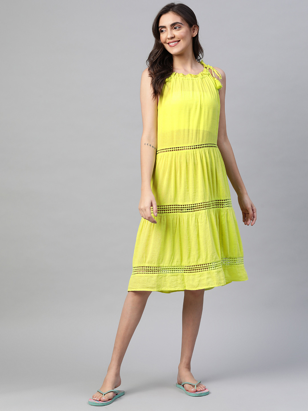 Buy Marks & Spencer Lime Green Tie Up Neck A Line Dress Dresses for