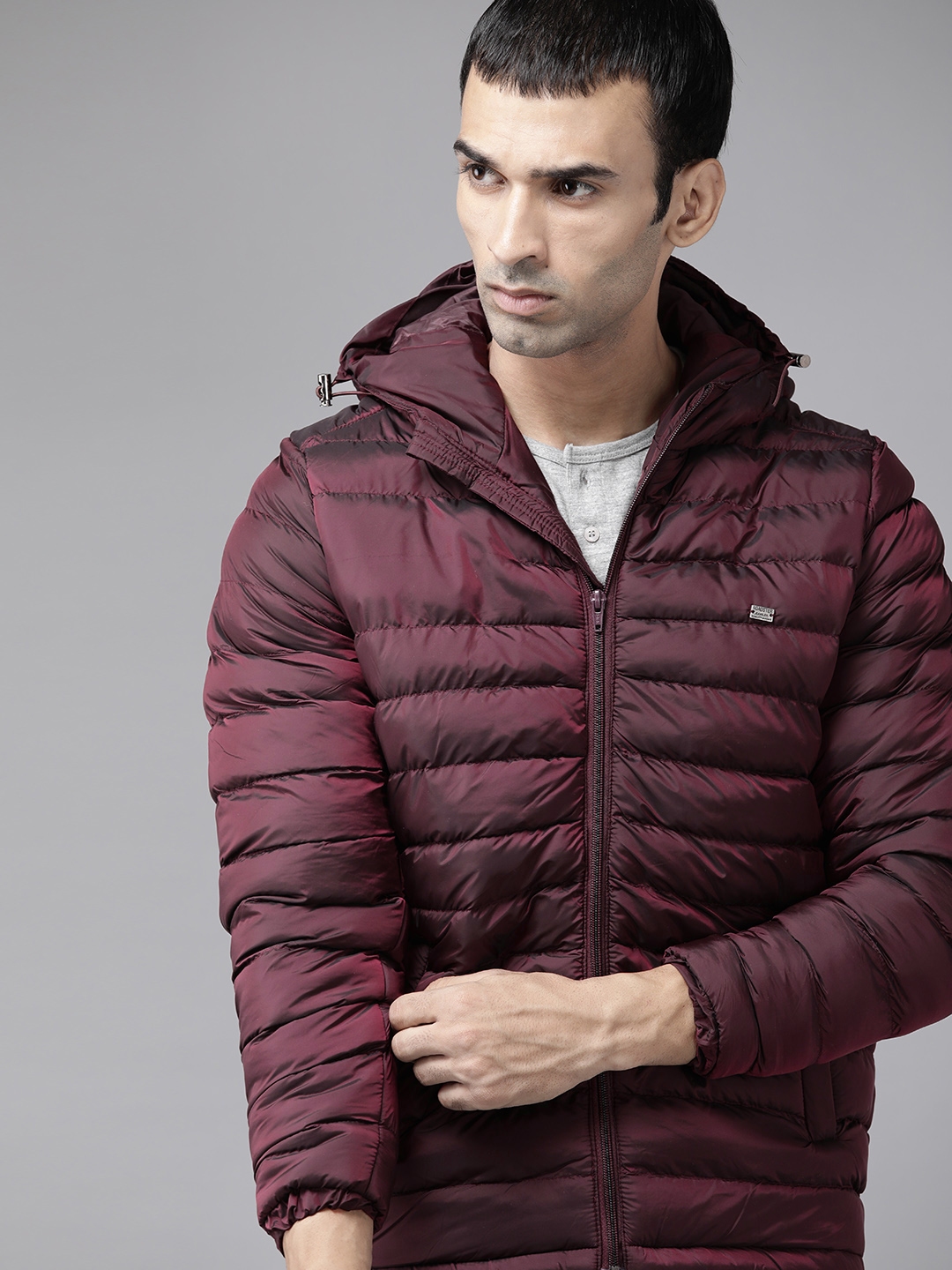 Buy Roadster Men Burgundy Solid Padded Jacket With Detachable Hood