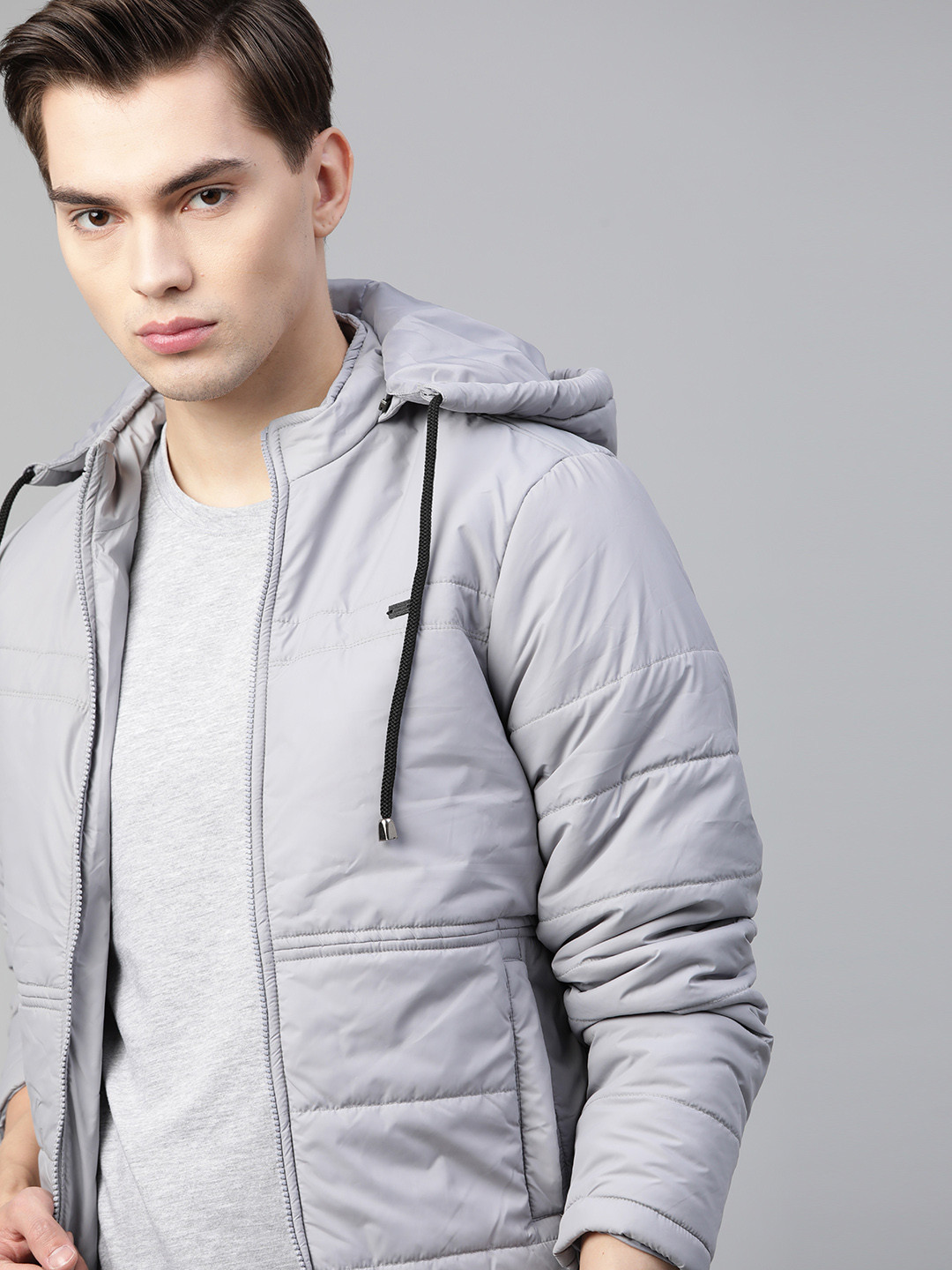 Buy Roadster Men Grey Solid Detachable Hood Padded Jacket Jackets for