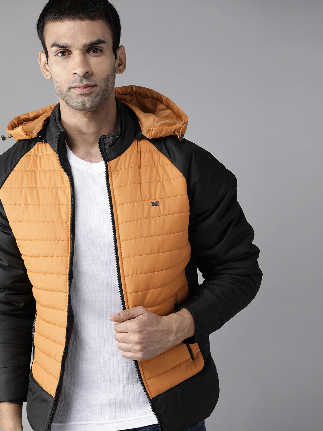 Buy Roadster Men Mustard Brown & Black Solid Hooded Padded Jacket Jackets for Men 14306502