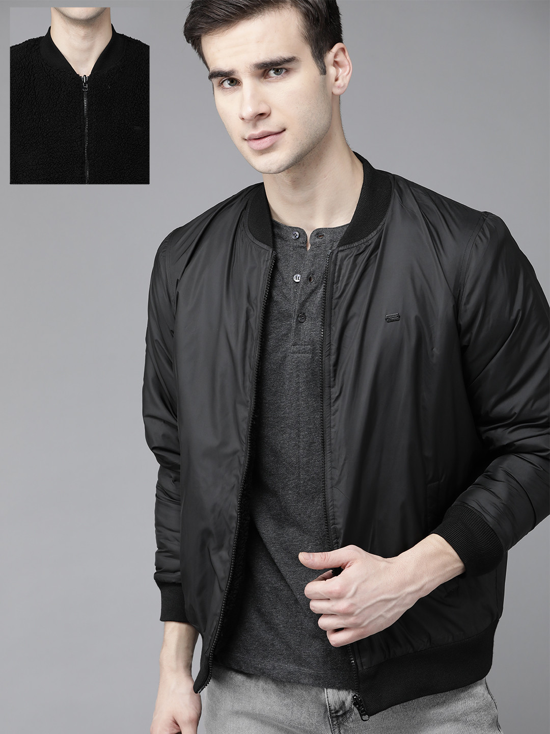 Buy Roadster Men Black Reversible Sherpa Solid Bomber Jacket Jackets
